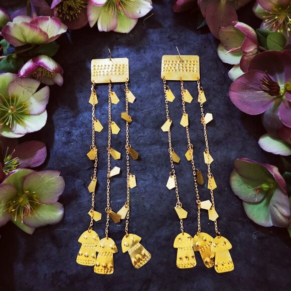 Artisanal Handmade ~ Long Brass Goddess earrings ~ like new - Picture 2 of 3